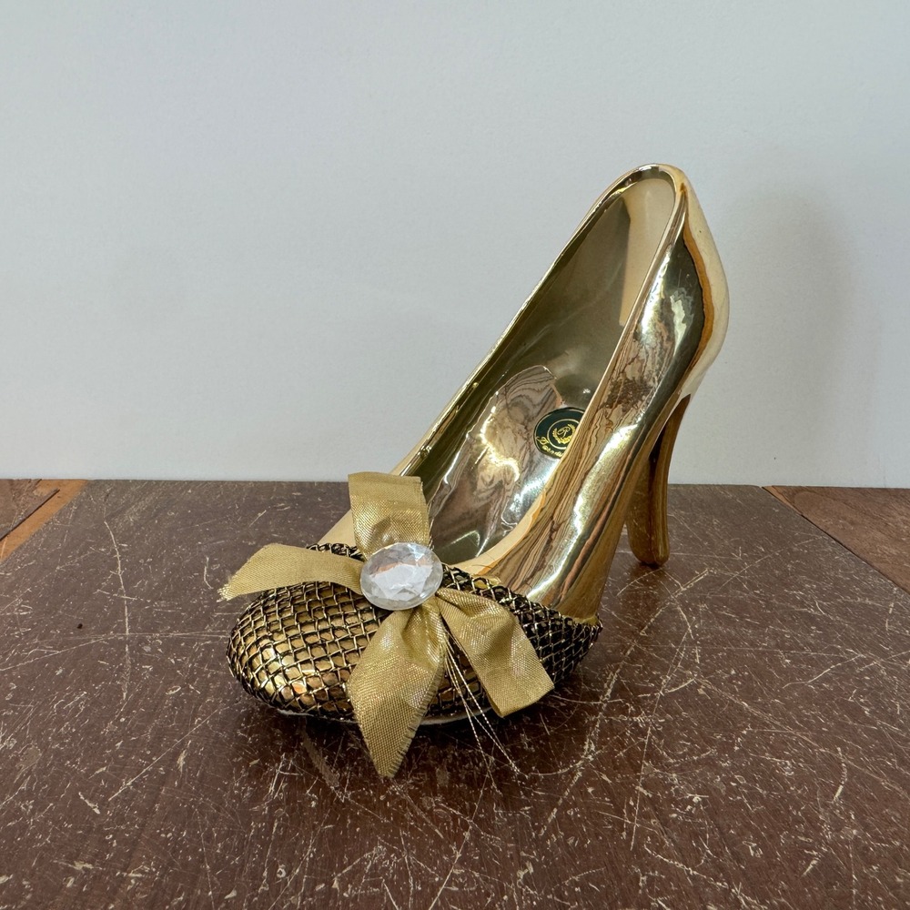 Paradies Collection‎ Golden Shoe Figurine Rhinestone Bow High Heel Decor